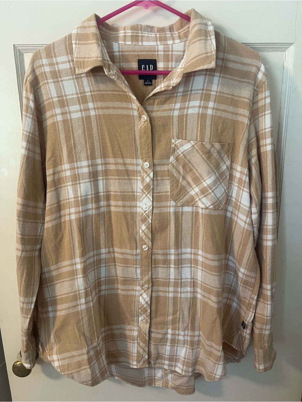 GAP Tan and White Plaid Button-Down Shirt